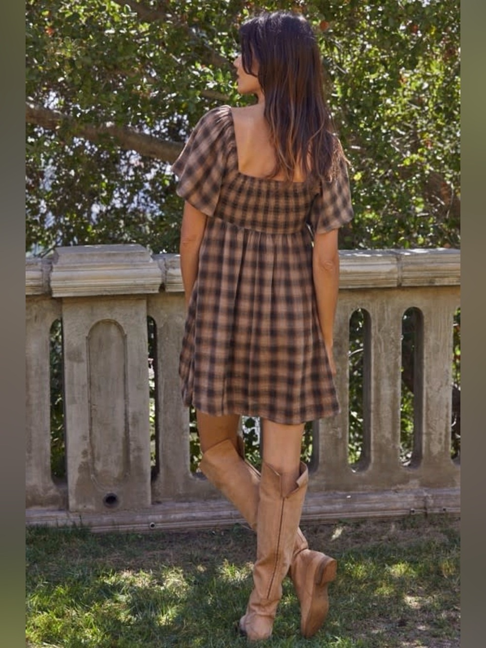 By Together Brown and Black Plaid Short Sleeve Babydoll Dress - Picture 2 of 4